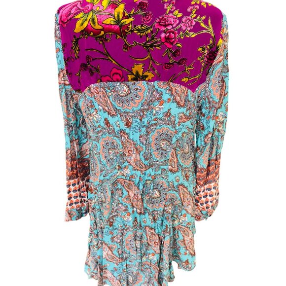 Anthropologie CYRENA Mixed Print Boho Button Front High Low LS Tunic Top L Artsy - Picture 2 of 9